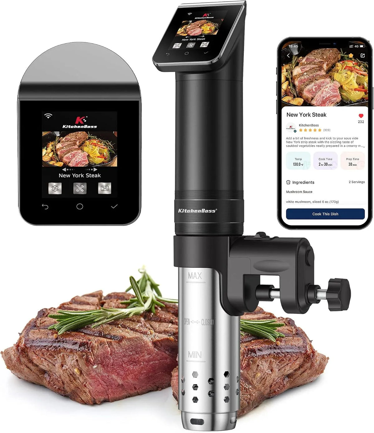 Cuisinière G330 IPX7, puissance 1100W, KitchenBoss Thermoplongeur WLAN Cuiseur Sous Vide: Wifi Cuisson Sous Vide, Acier inoxydable, finition noire