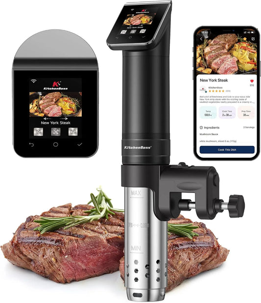 Cuisinière G330 IPX7, puissance 1100W, KitchenBoss Thermoplongeur WLAN Cuiseur Sous Vide: Wifi Cuisson Sous Vide, Acier inoxydable, finition noire