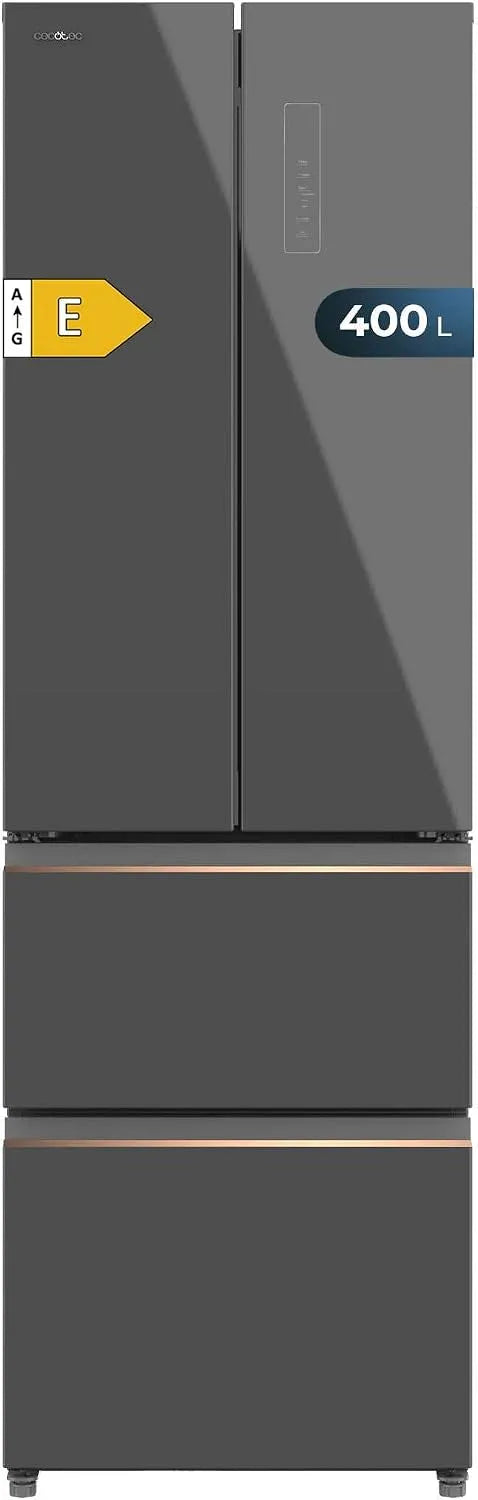 Cecotec réfrigérateur F2D, mode ECO, MultiAirFlow, bacs fruits et alarmes, NoFrost, Inverter, verre finition grise