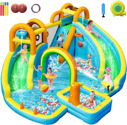 Avec Toboggan Double Chateau Gonflable, Aire de Jeux Gonflable pour Enfants, Parc Aquatique Gonflable avec Piscine d'Éclaboussures, pour Le Jardin