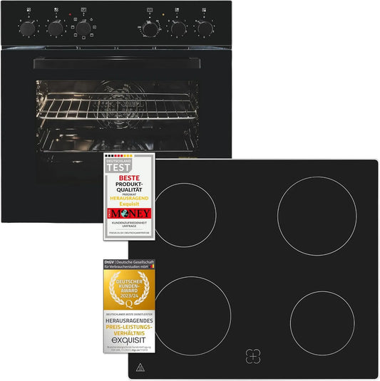Exquisit cuisinière EHE256-U-020, 5 programmes de four, Volume intérieur de cuisson 59 l, Classe énergétique A, Kit de encastrable finition noire
