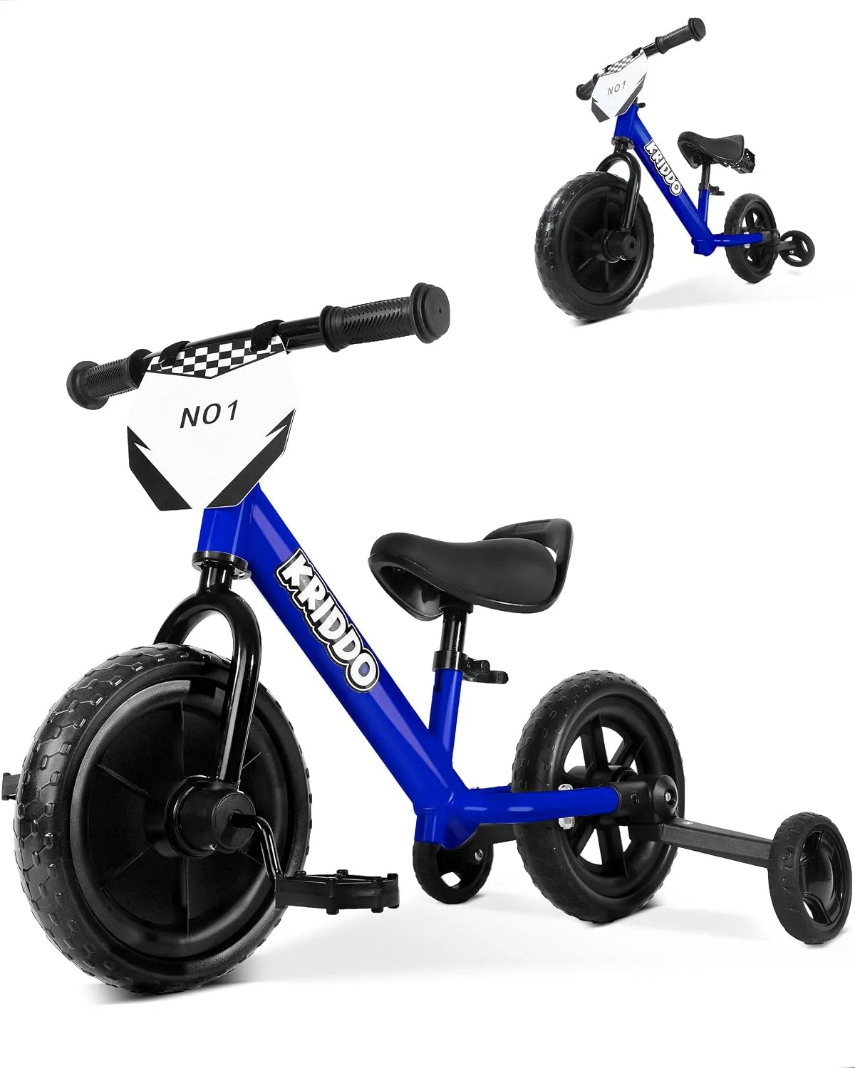 Plaque de cuisson, pédales Amovibles et Roues stabilisatrices repliables, KRIDDO 2-en-1 Tricycle pour Enfants et draisienne 2 à 5 Ans, Bleu