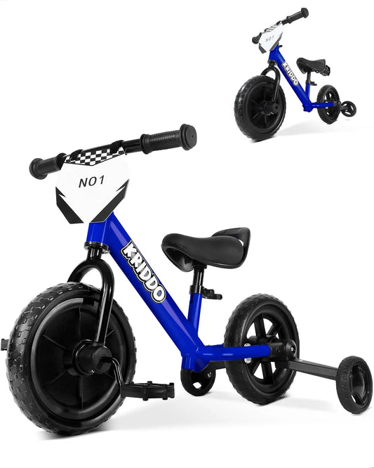 Plaque de cuisson, pédales Amovibles et Roues stabilisatrices repliables, KRIDDO 2-en-1 Tricycle pour Enfants et draisienne 2 à 5 Ans, Bleu