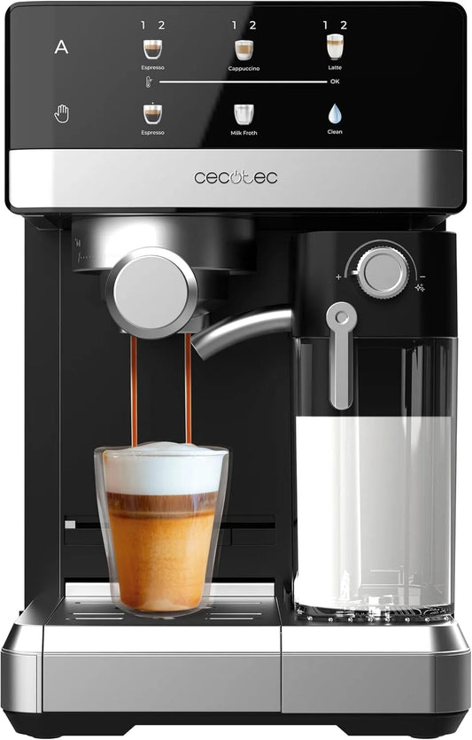 Cecotec cafetière, 20 Bars, Eau 1.8L, Mousseur, Auto-nettoyage, Expresso Power Espresso 20 Touch & Cream +. 1350W, Réservoir de Lait de 500ml