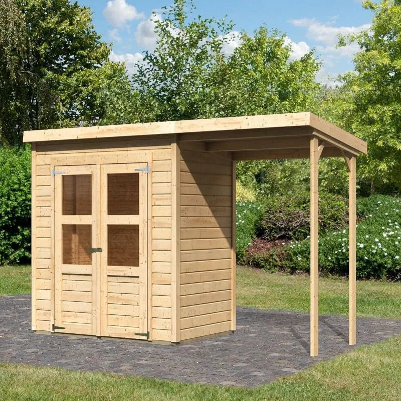 Abri de jardin, Toit Plat, Bois Épicéa 2,2m² Merseburg 2 + Appentis, Double Porte Semi-Vitrée, Rangement Extérieur Naturel, Kit Fondation