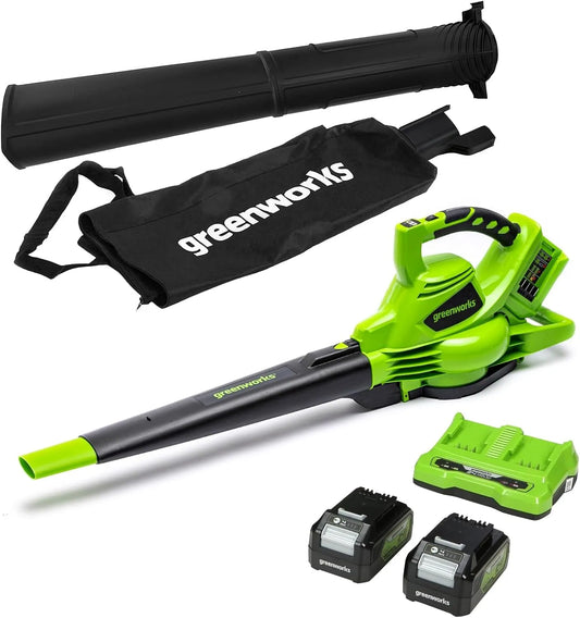 Greenworks aspirateur GD24X2BVK4X, 48, 24V x 2, Souffleur Sans fil de Feuilles à Batterie Bandoulière, 322km/h, 9m³/min, Sac Mulching 45L, Chargeur