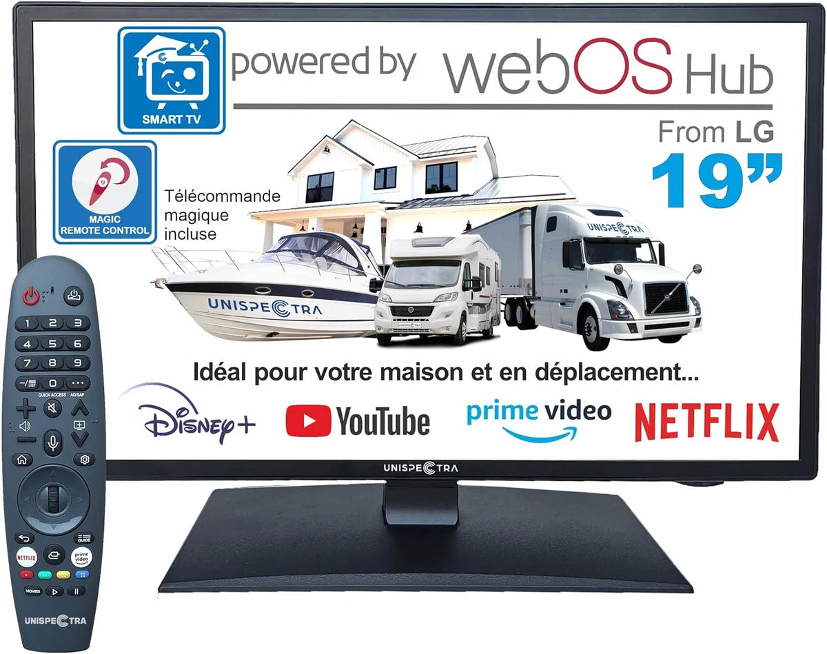 Smart TV 3xHDMI 2xUSB, Unispectra 19', télécommande incluse Magique 12v HDR 230v 24v TV TNT et Tuner Sat. Téléviseurs 12V pour Camping-Cars, webOS