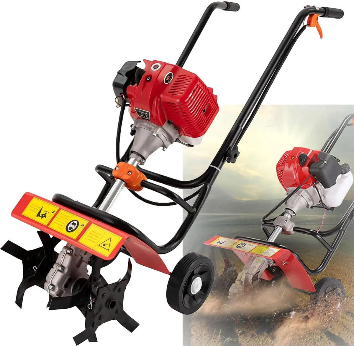 Motoculteur, 6500RPM, Moteur à Essence et Huile 2 Temps à Explosion 52 CC avec 4 Dents Avant Réglables, Facile à démarrer et à Utiliser,1.9KW