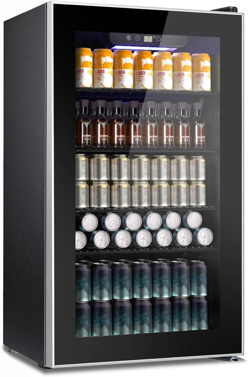 Réfrigérateur Kndko, Mini de 130 canettes avec étagères réglables, pour boissons, façade vitrée, contrôle numérique de la température, éclairage LED