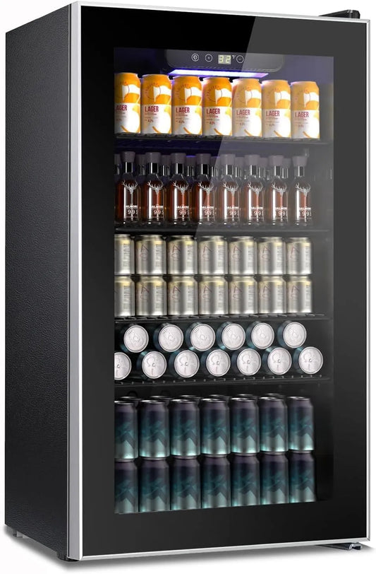 Réfrigérateur Kndko, Mini de 130 canettes avec étagères réglables, pour boissons, façade vitrée, contrôle numérique de la température, éclairage LED