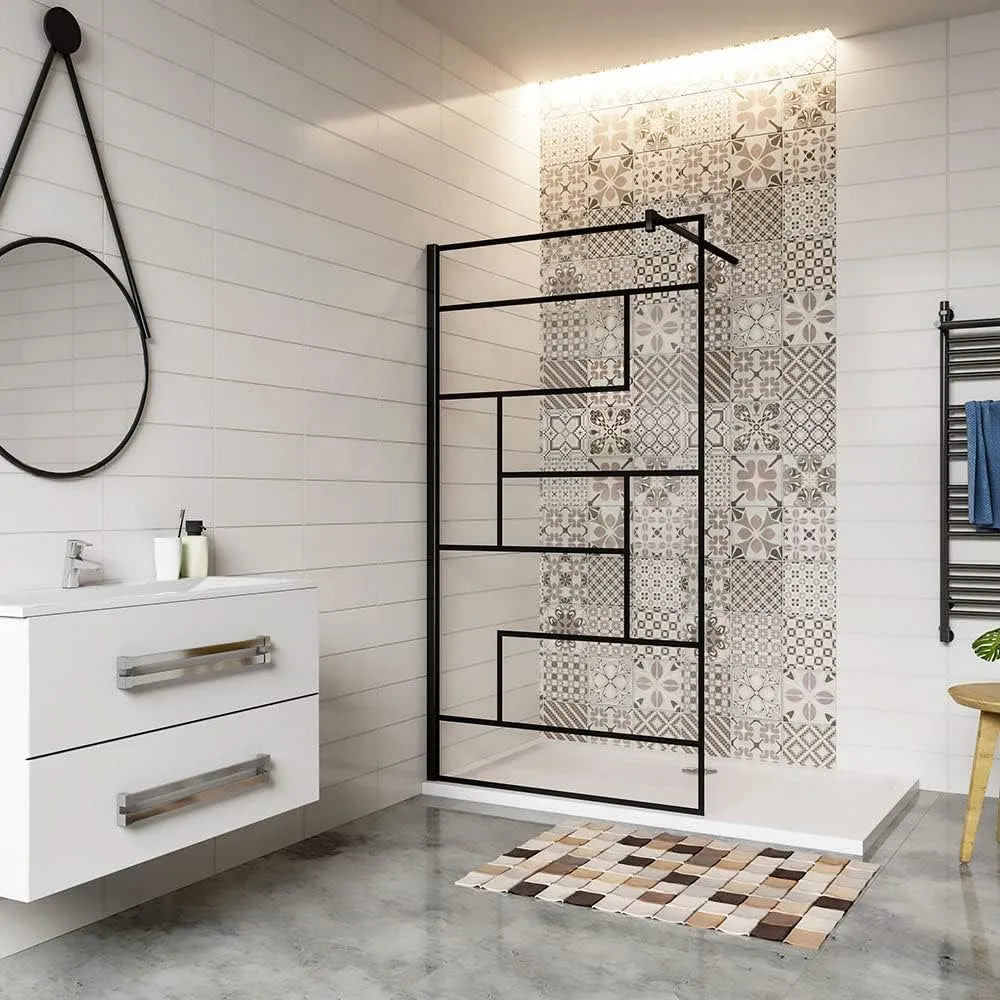 AICA paroi, avec une barre de fixation noire carrée en 90cm, de douche 80x200cm paroi de douche à l'italienne en 8mm verre anticalcaire style moderne