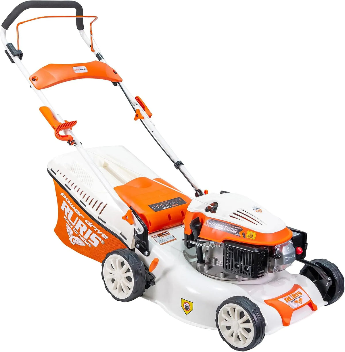 Tondeuse à gazon RX200S RURIS, Hauteur Réglable 25-75 mm, Sac 45L, Thermique, Éjection Arrière, Orange, largeur 42 cm, 2,7 CV, 3 en 1: Collecte