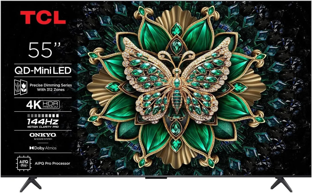 55C69K TCL TV, LED 4K QD Mini 144Hz 140 cm avec Google et système sonore Onkyo x Dolby Atmos 2.1