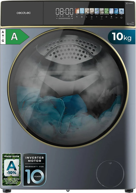 Cecotec lave-linge 10900 1400, moteur Inverter Plus, écran 10,3', tr, SteamMax, 11 programmes, poids 10kg, min, classe énergétique A