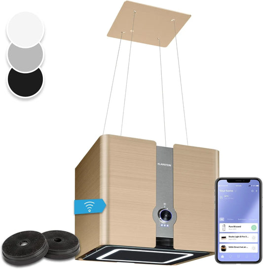 Klarstein hotte aspirante, Futurelight Smart suspendue, hotte îlot à recyclage d'air éclairage LED intégré, inox, Or